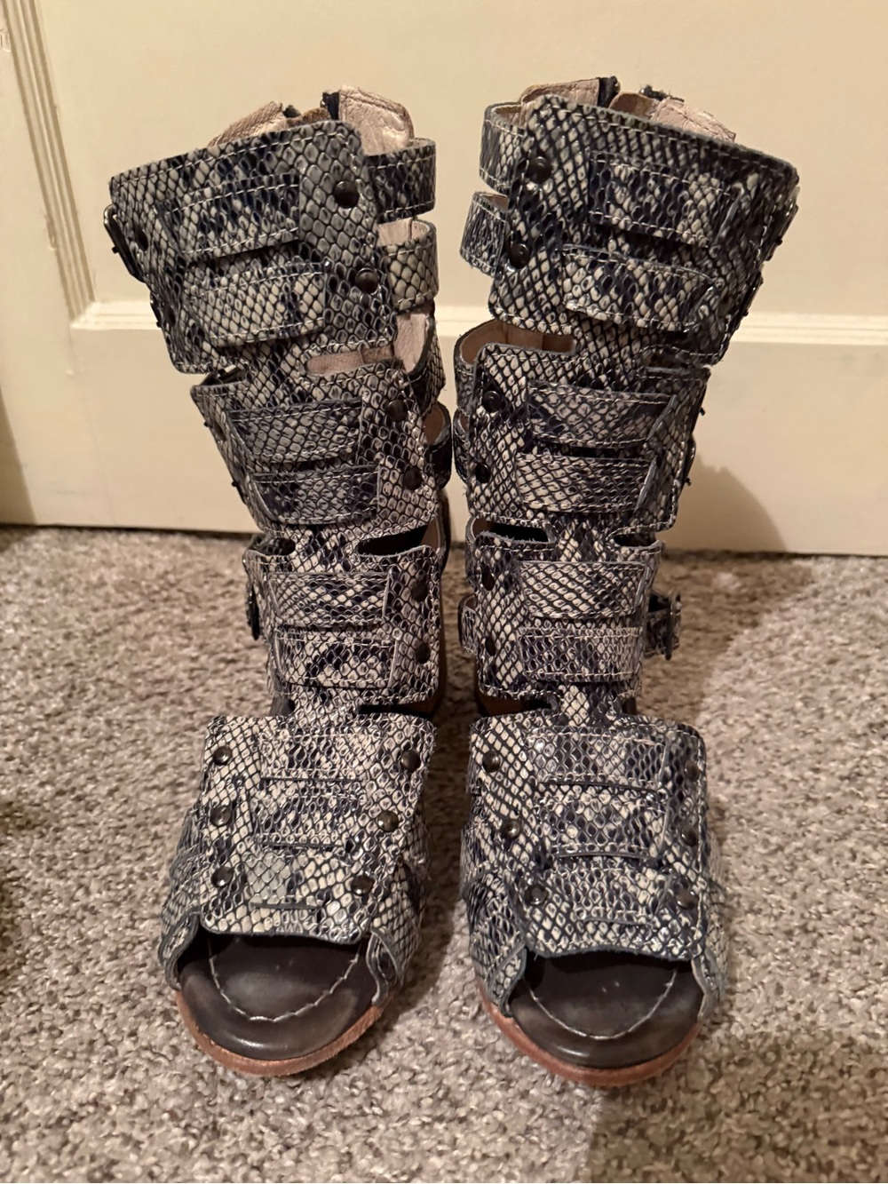 Freebird by Steven Snake-Print Cutout Strappy Knee Boots - Black/Gray